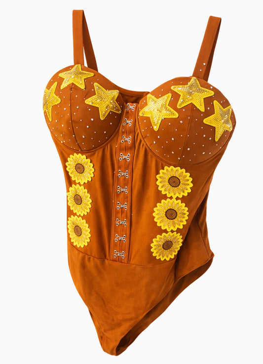 Sunflower Star Corset Leotard Bodysuit – Custom Rhinestone Statement Top | Boutique Glam Fashion