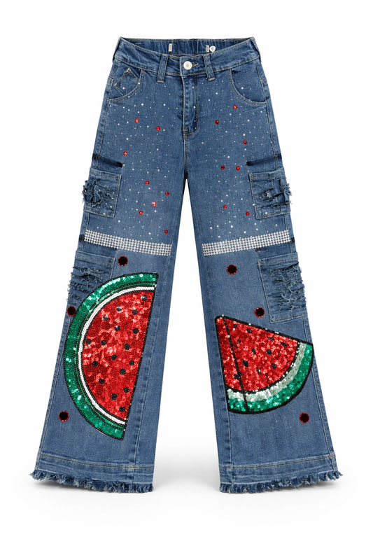 Custom Kids Rhinestone Watermelon Wide-Leg Denim Jeans