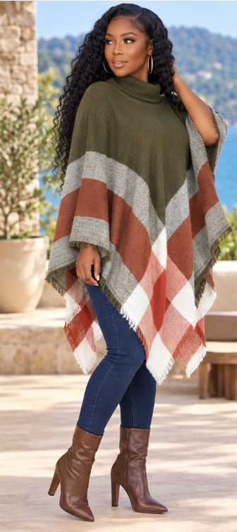 Autumn Plaid Color-Block Poncho