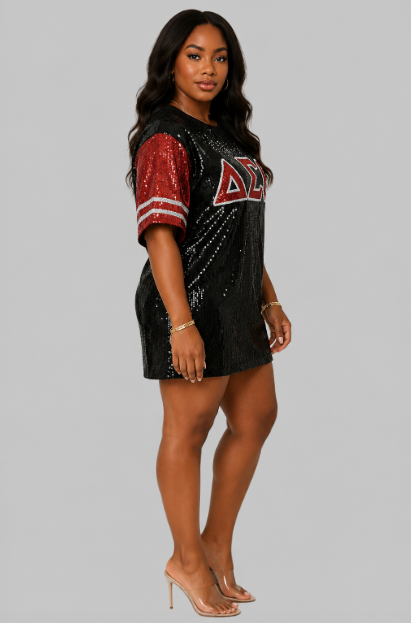 Black & Crimson Sequin Statement T-Shirt Dress