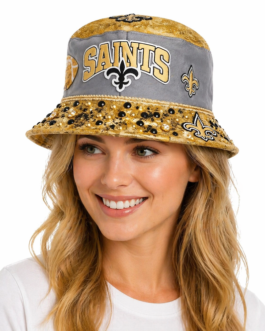 Black & Gold Glam Bucket Hat | Rhinestone Embellished Fan-Inspired Hat | Luxury Statement Streetwear | Game Day Style