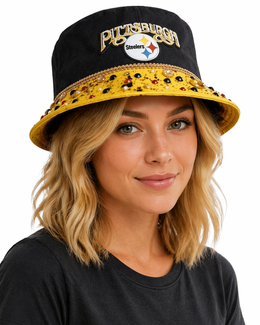 Black & Gold Glam Bucket Hat | Rhinestone Embellished Statement Hat | Luxury Streetwear | Game Day Inspired Style