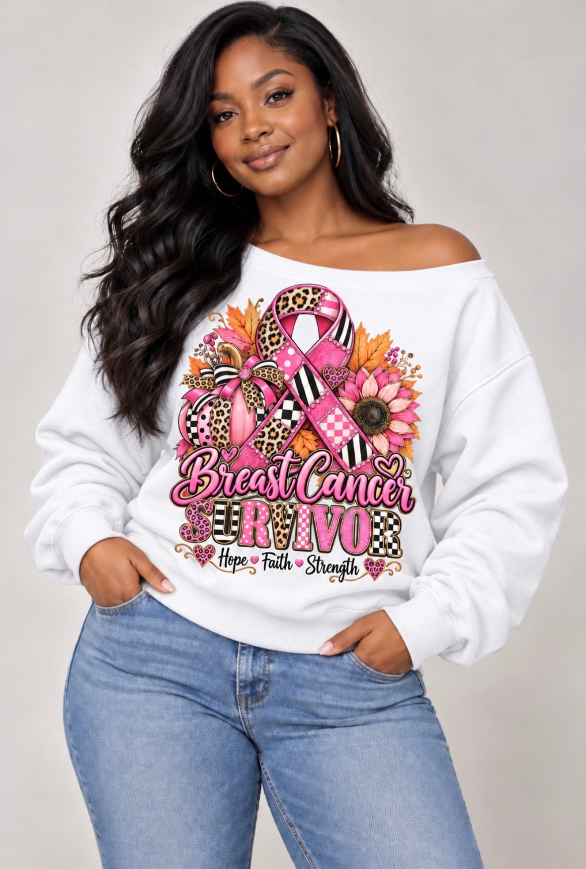Women's Breast Cancer Awareness White Off-Shoulder Sweatshirt – Choose Your Design | Sizes L–XL