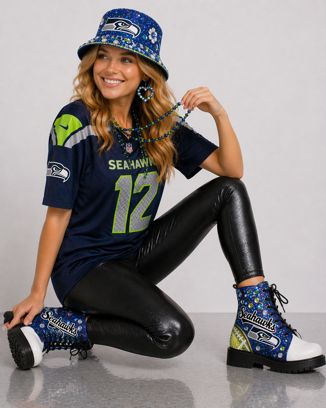 Custom Blue Glitter Football-Inspired Combat Boots | Handcrafted Rhinestone & Pearl Embellished Statement Boots | Festival, Game Day, Streetwear Style