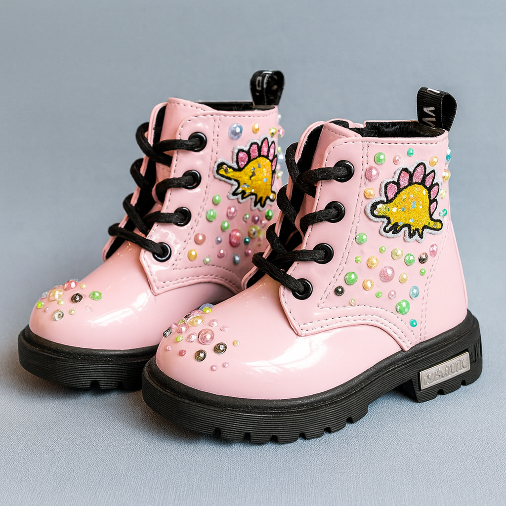 Hand-Bedazzled Pink Dino Toddler Boots 8