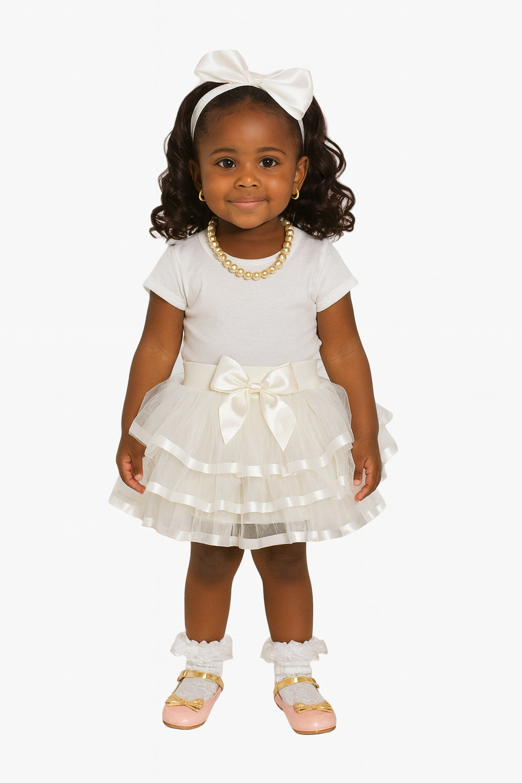 Young girl wearing a white dress with lights, pearl necklace, and bow on a white background