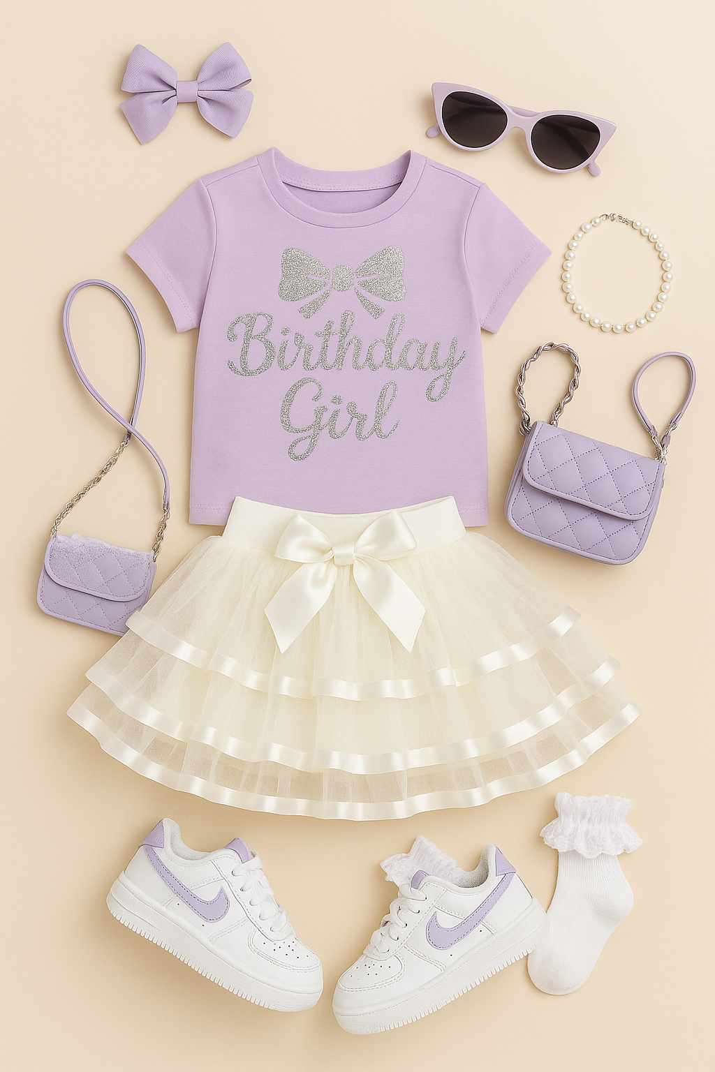 Children's outfit with 'Birthday Girl' shirt, skirt, shoes, and accessories on a beige background