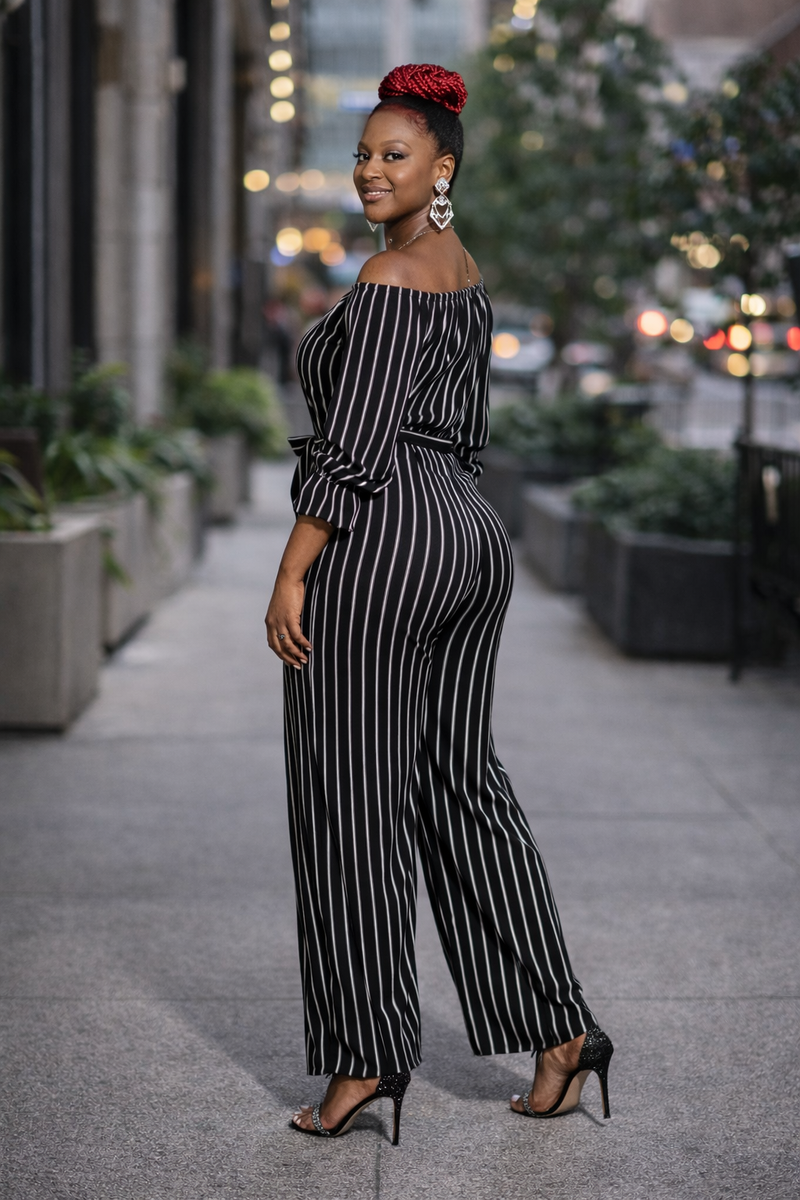City Chic Pinstripe Off-Shoulder Jumpsuit — Effortless Confidence