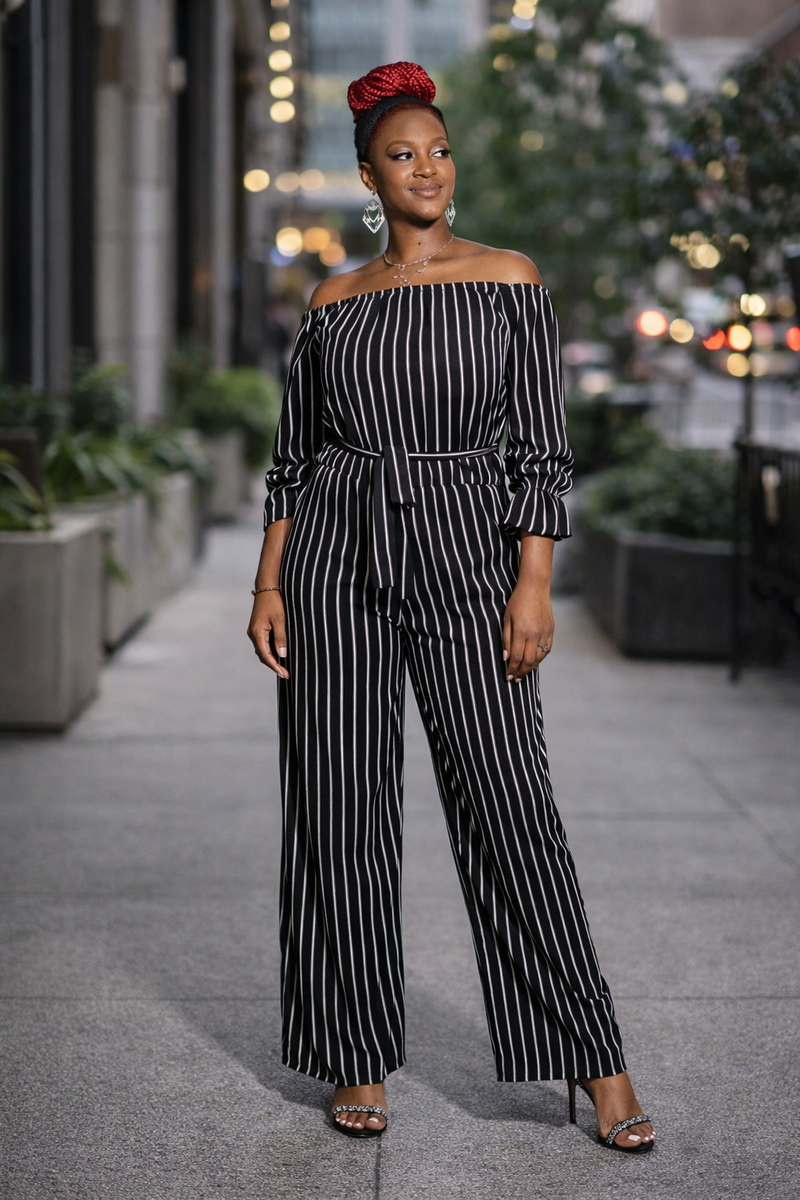 City Chic Pinstripe Off-Shoulder Jumpsuit — Effortless Confidence
