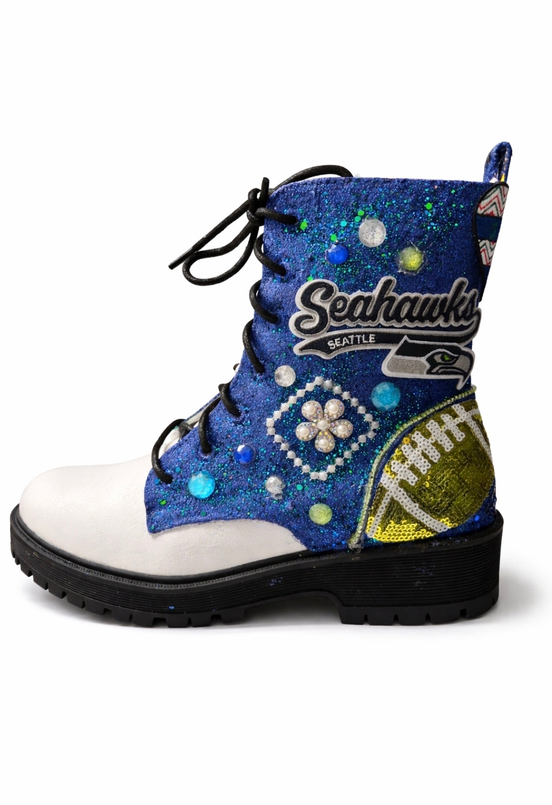Decorative boot with Seattle Seahawks design on a white background