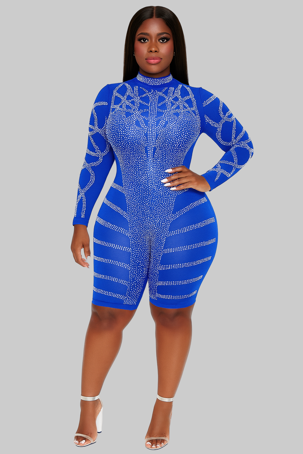 Dazzling After-Hours Rhinestone Mesh Romper – Body-Contouring Glam