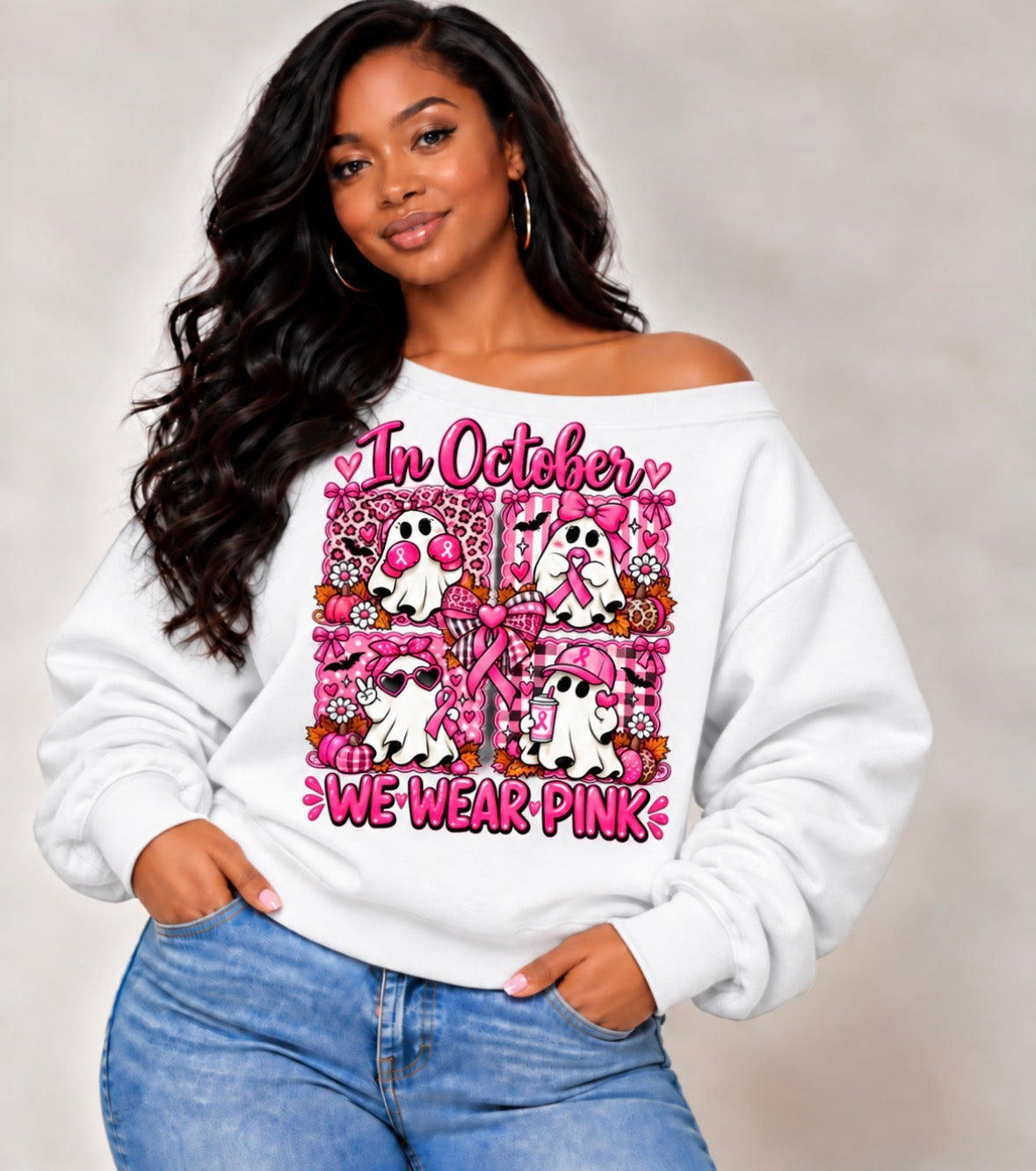 Women's Breast Cancer Awareness White Off-Shoulder Sweatshirt – Choose Your Design | Sizes L–XL