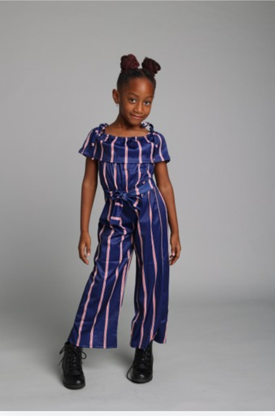 Navy & Red Striped Off-Shoulder Jumpsuit for Girls