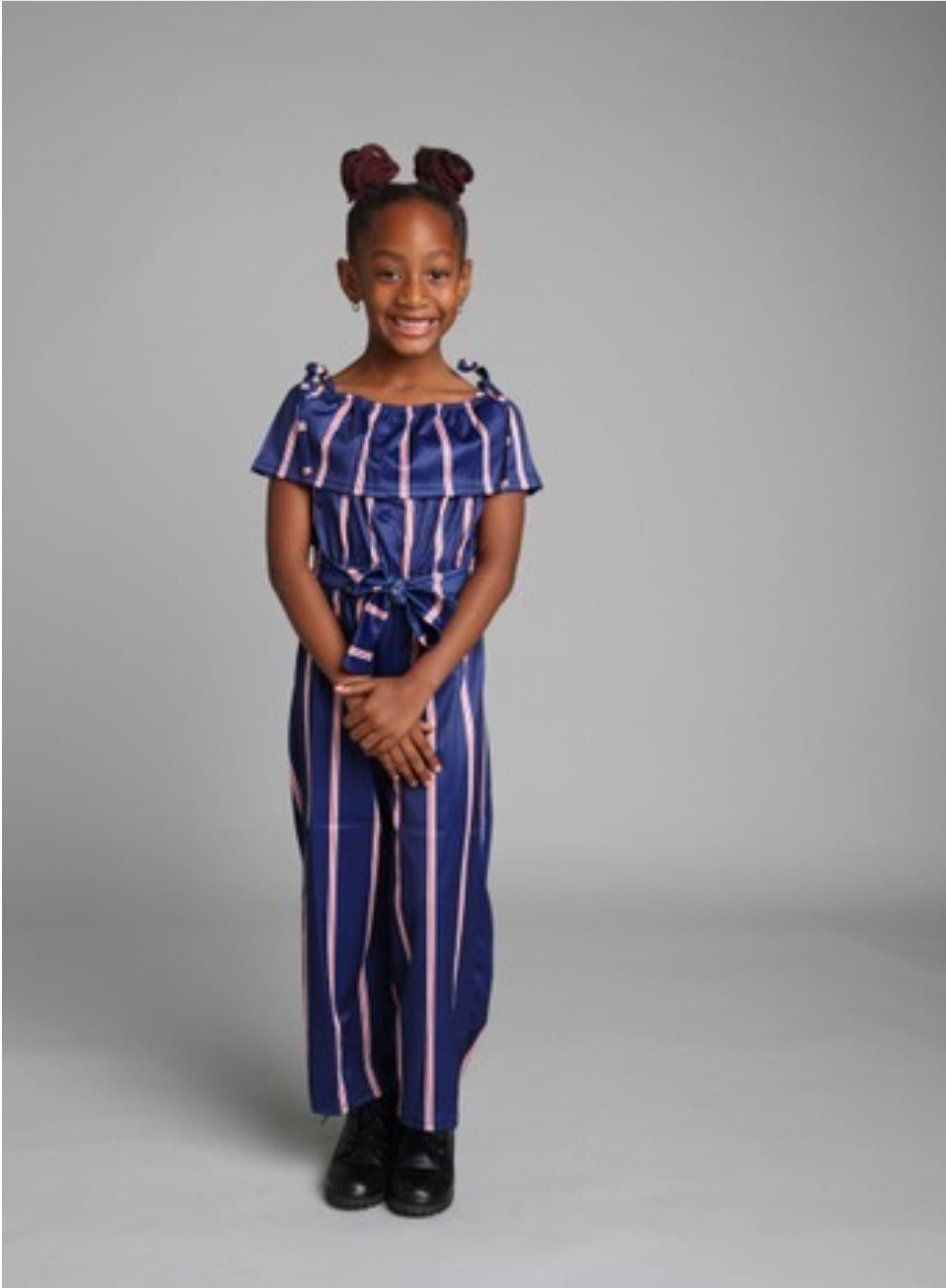 Navy & Red Striped Off-Shoulder Jumpsuit for Girls