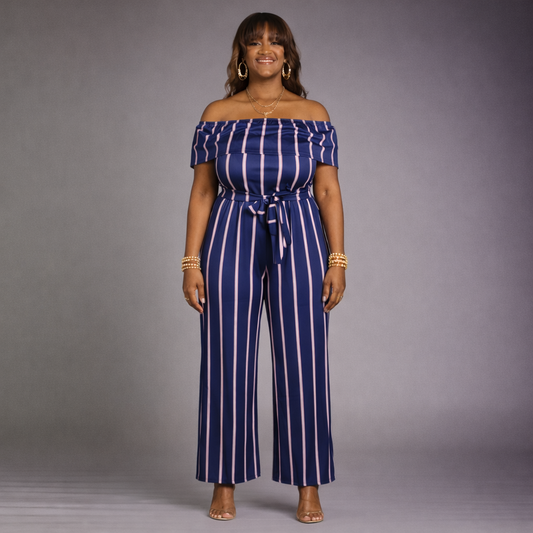 Midnight Stripe Off-Shoulder Wide-Leg Jumpsuit