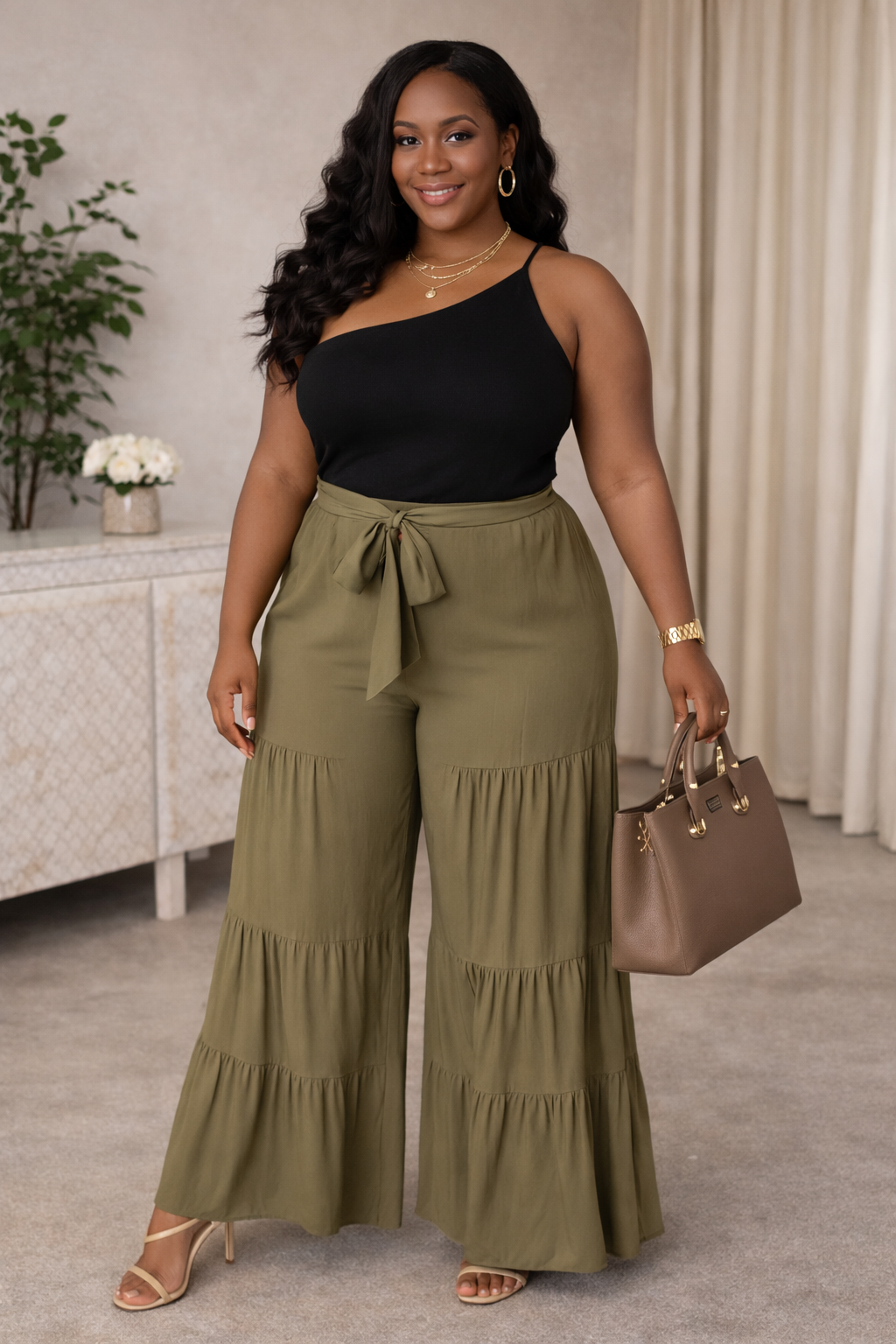 Olive Tiered Wide-Leg Palazzo Pants