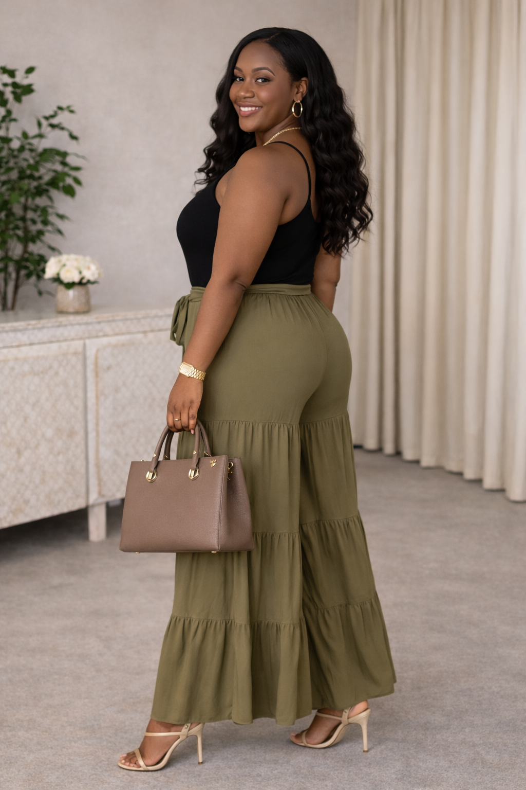 Olive Tiered Wide-Leg Palazzo Pants