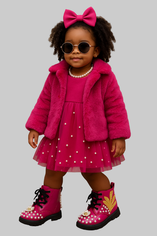 Child wearing a pink outfit with a coat, dress, and boots, standing against a beige wall.