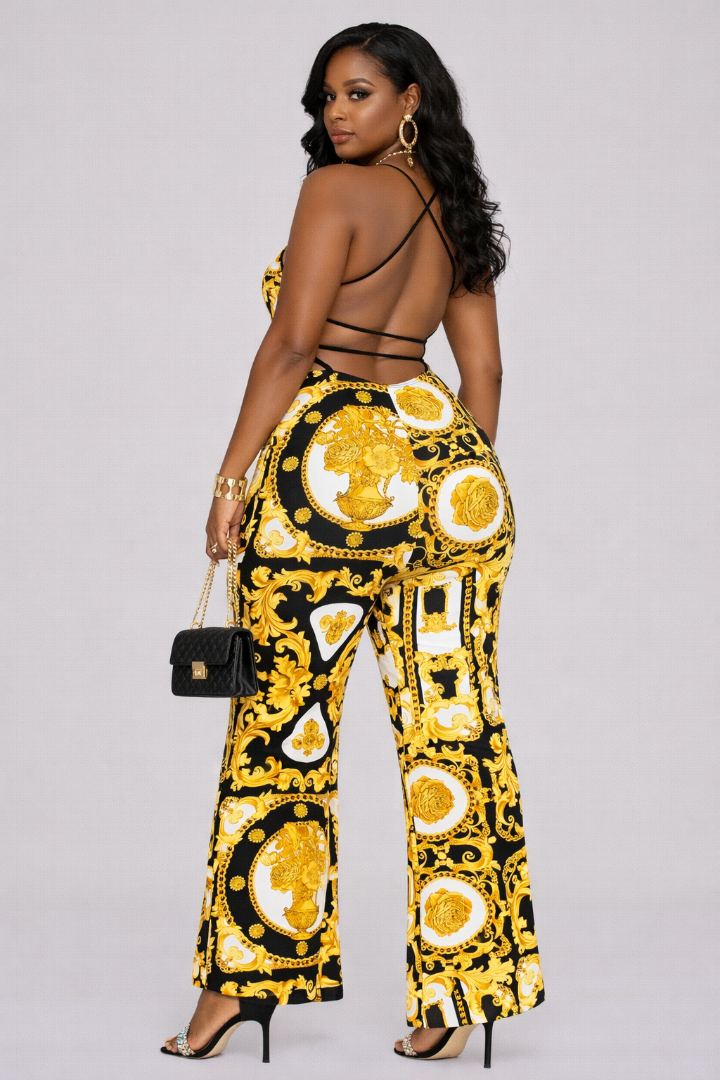 Regal Noir Baroque Backless Jumpsuit – Black & Gold Statement Fit
