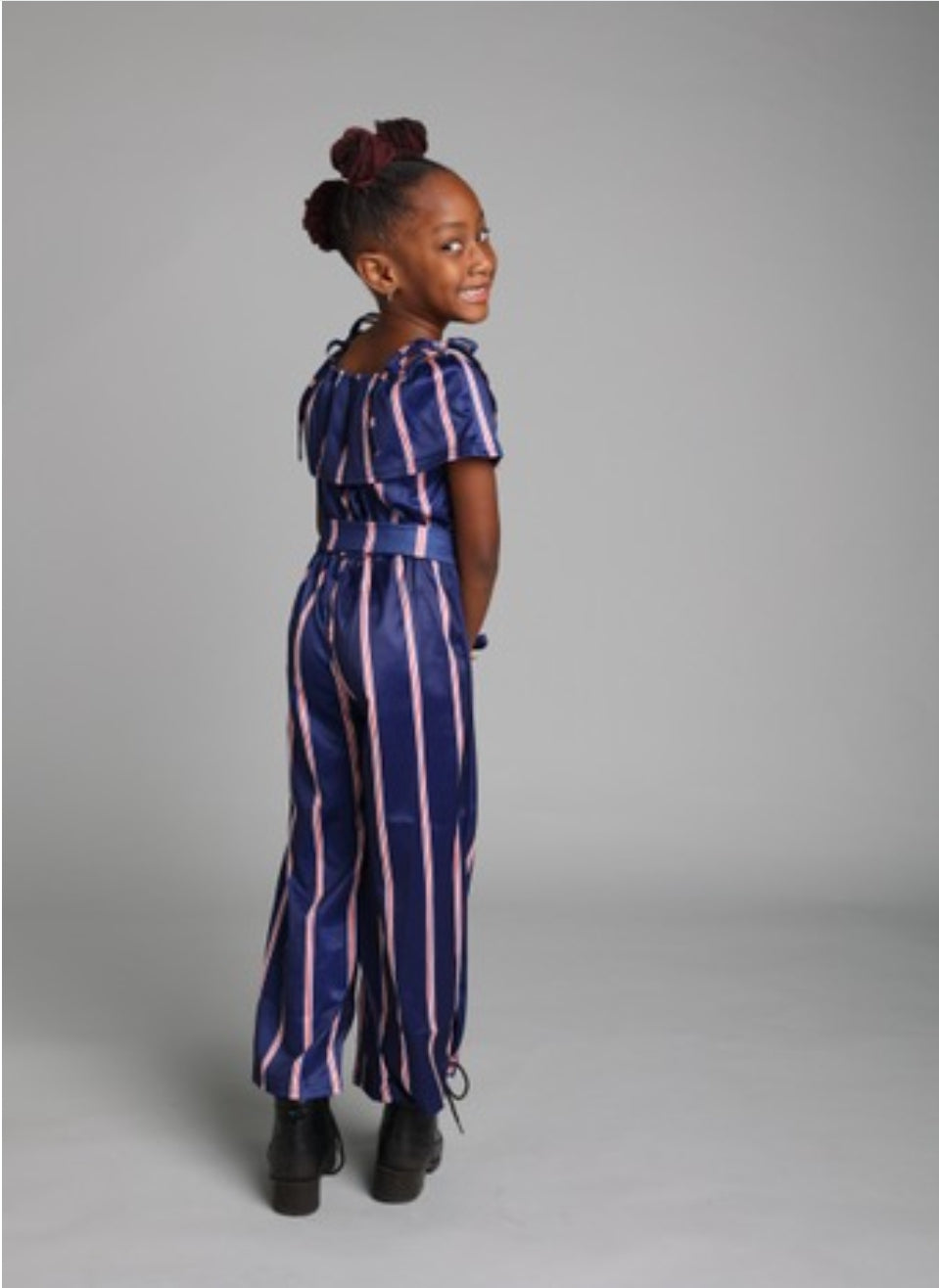Navy & Red Striped Off-Shoulder Jumpsuit for Girls