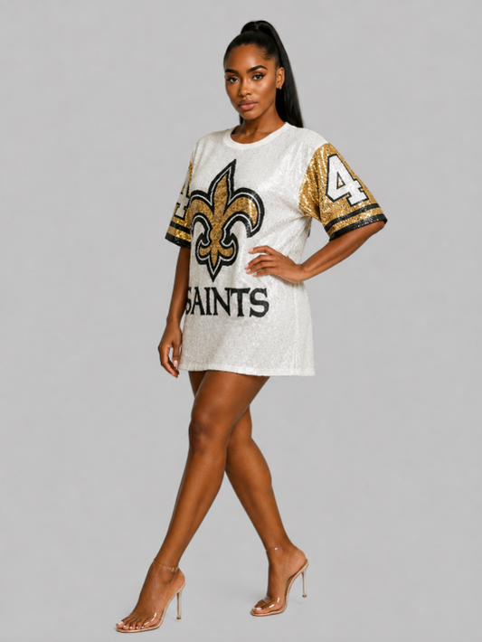 White & Gold Sequin Game Day Jersey Dress