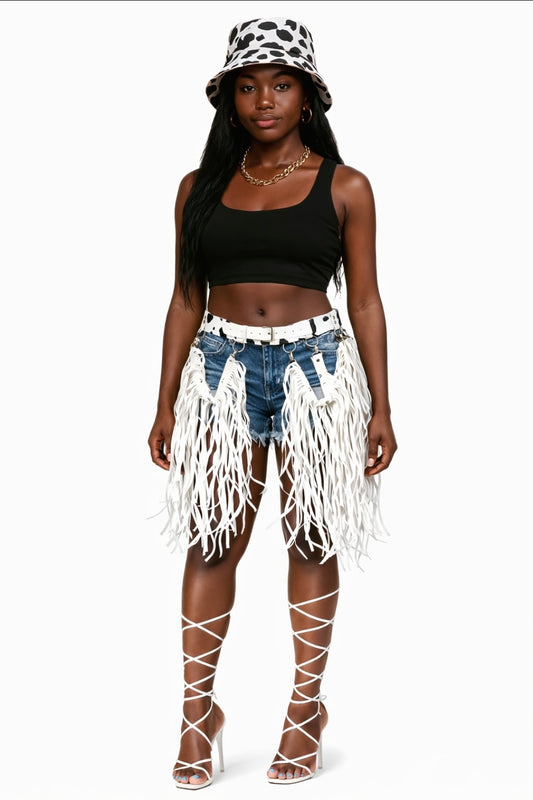 Cow Print Fringe Belt Set – Statement Tassel Waist Accessory + Matching Bucket Hat | Festival, Western Chic, Streetwear Style