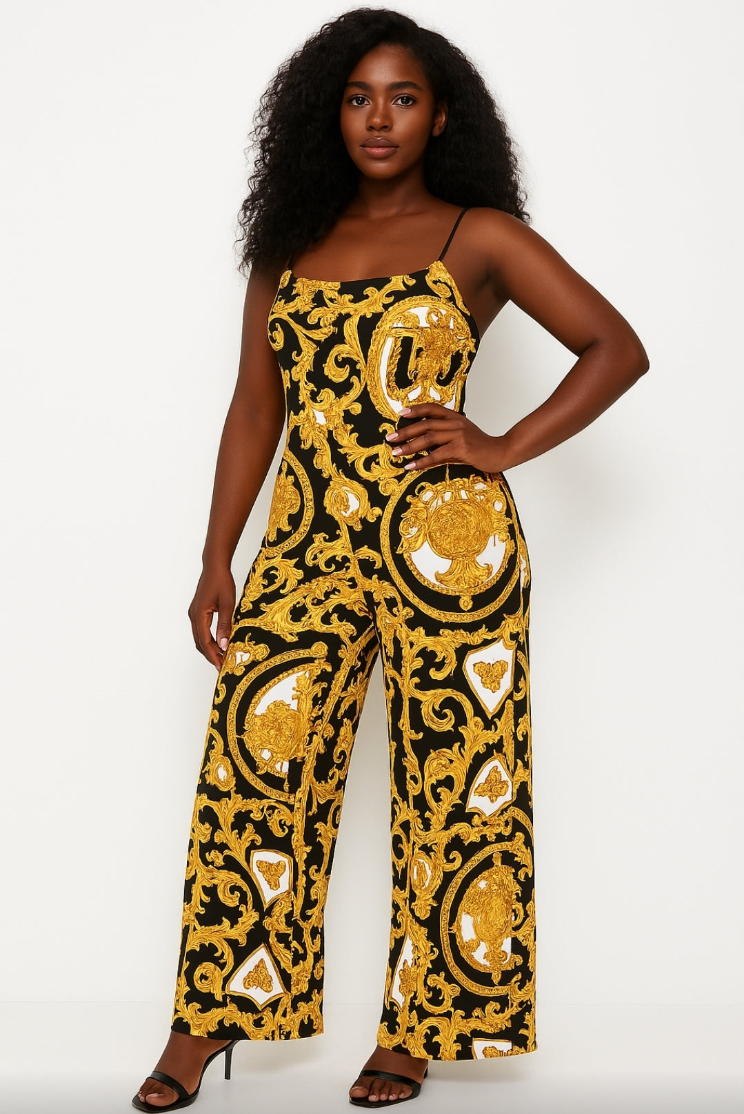 Regal Noir Baroque Backless Jumpsuit – Black & Gold Statement Fit