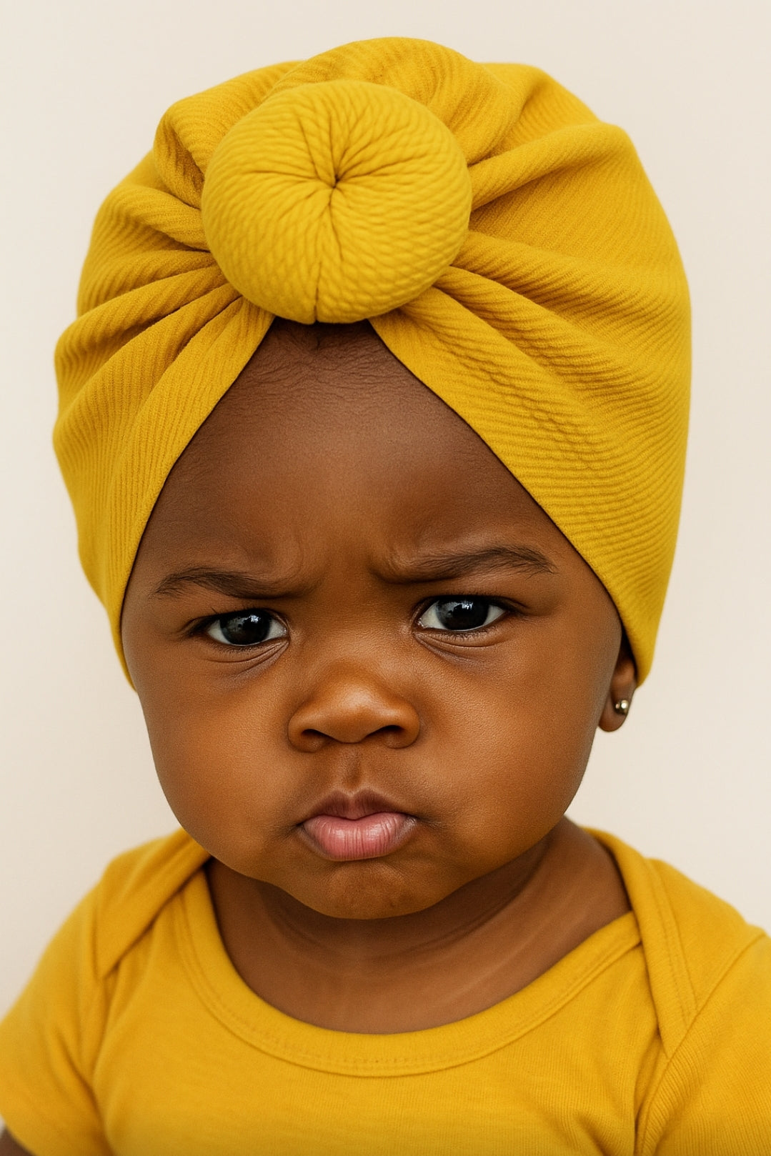 Child wearing a yellow turban and matching outfit against a plain background