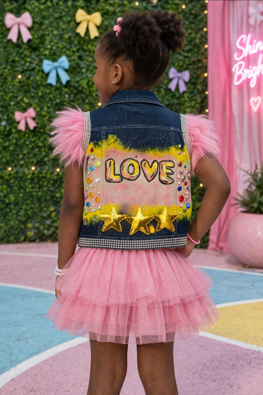 ReMade Kids “LOVE” Denim Vest – Custom Rhinestone & Star Patch Jacket