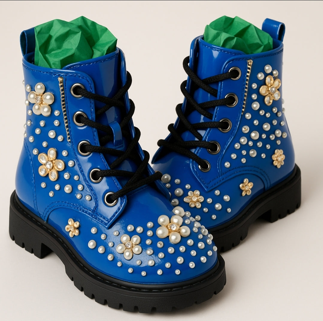 Royal Blue Pearl & Rhinestone Toddler Boots