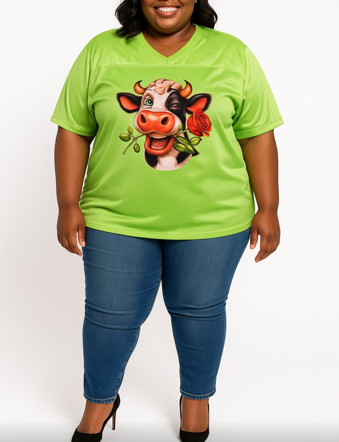 Custom Rhinestone Cow Jersey Top – Lime Green with Playful Cow Design