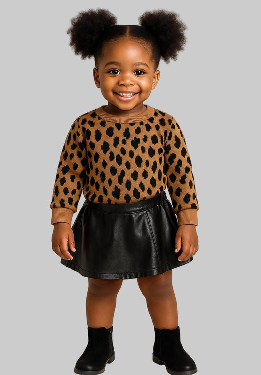 Child wearing a leopard print top and black skirt on a beige background