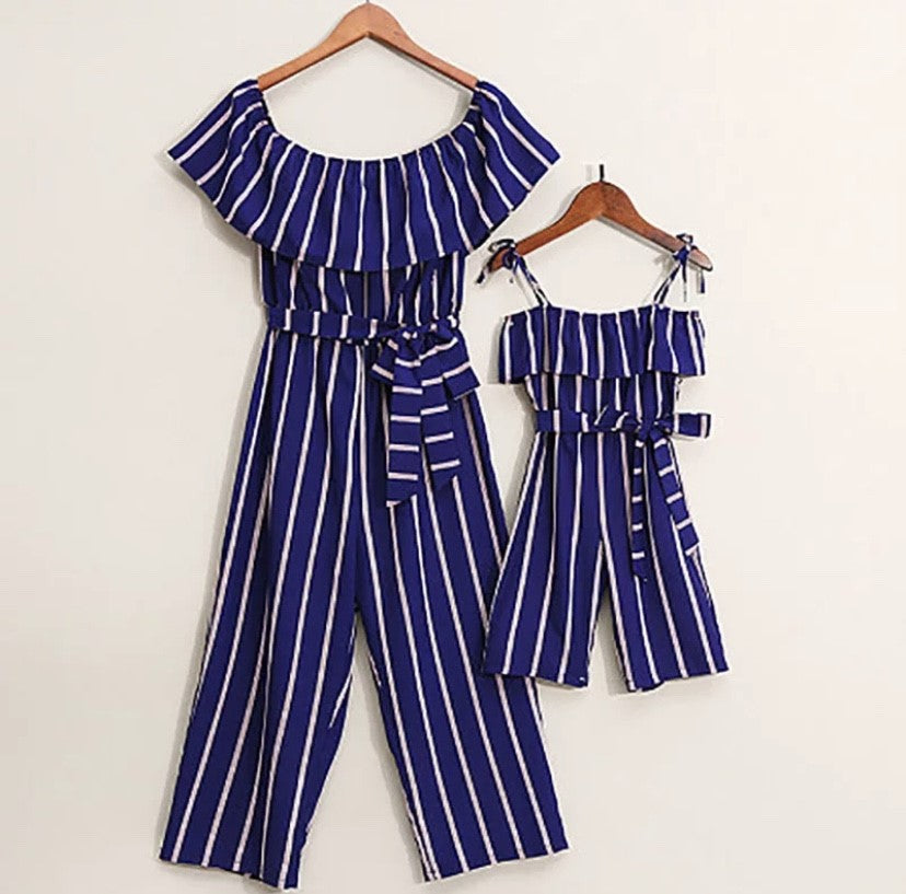 Navy & Red Striped Off-Shoulder Jumpsuit for Girls