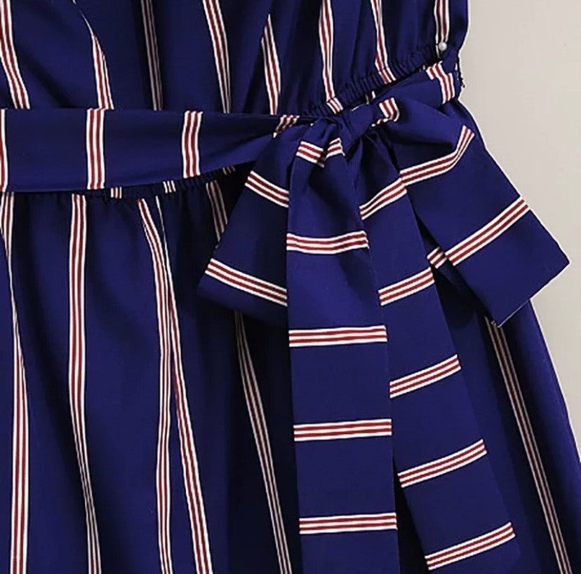 Navy & Red Striped Off-Shoulder Jumpsuit for Girls