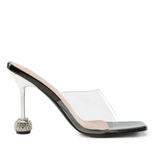 Crystal Globe Heel Clear Strap Mules – Black Luxe Statement Heels