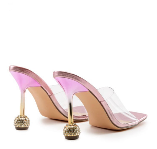 Crystal Globe Heel Clear Strap Mules – Pink Luxe Statement Heels