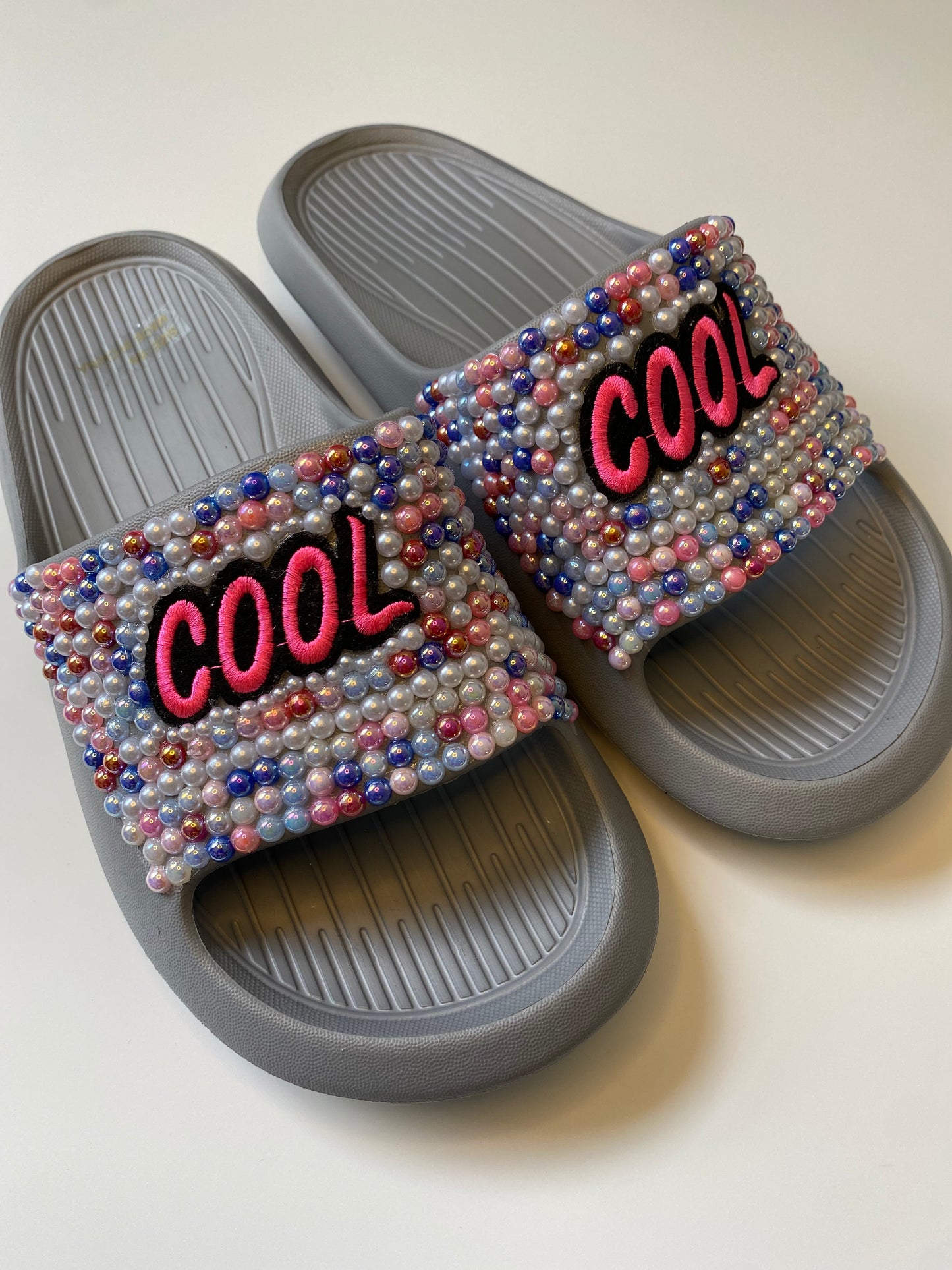 “COOL GIRL” Embellished Slides – Rhinestone Pearl Statement Sandals