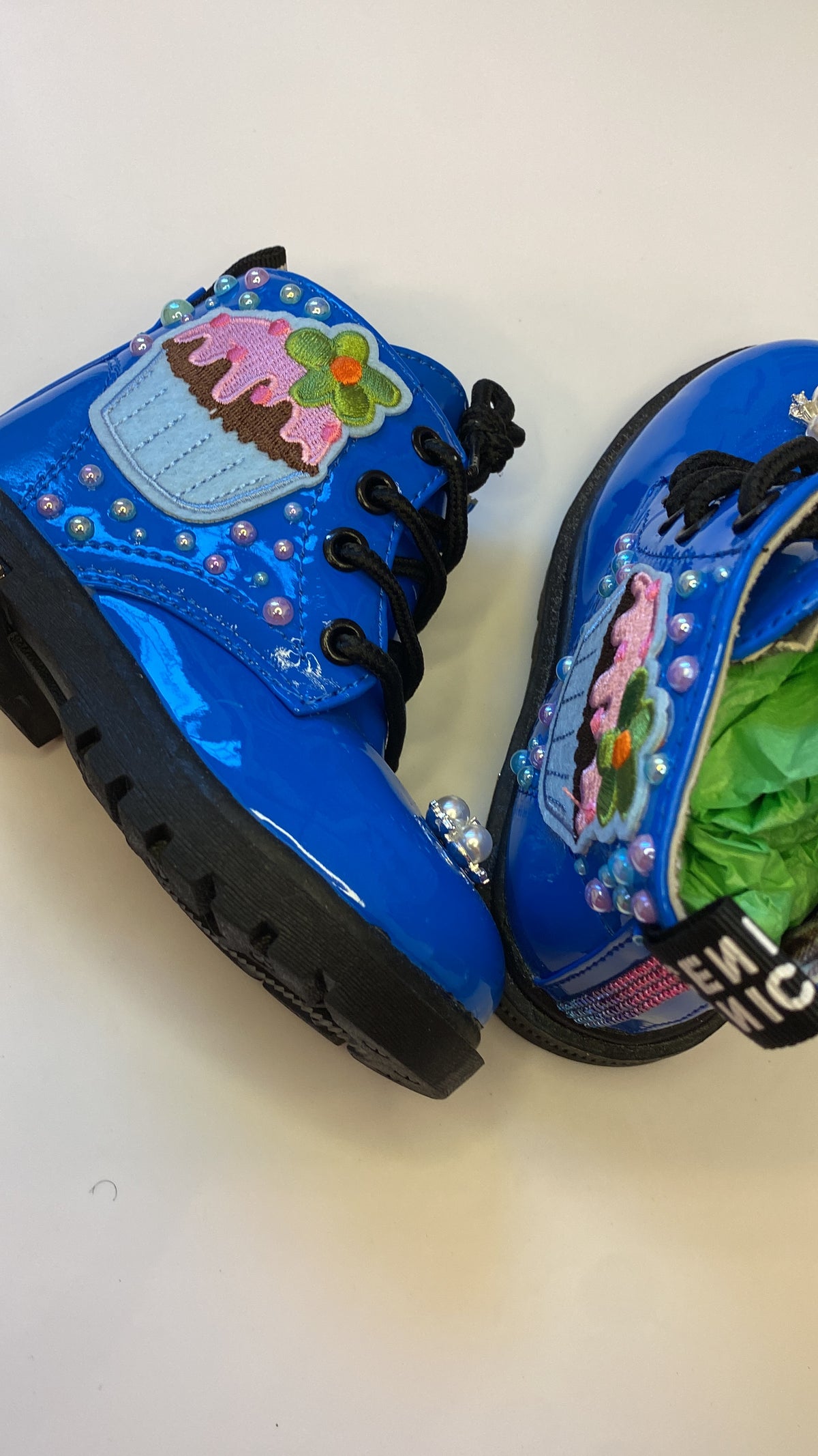 Cupcake Dreams Toddler Boots – Royal Blue Hand Bedazzled with Pearls & Embroidered Patch