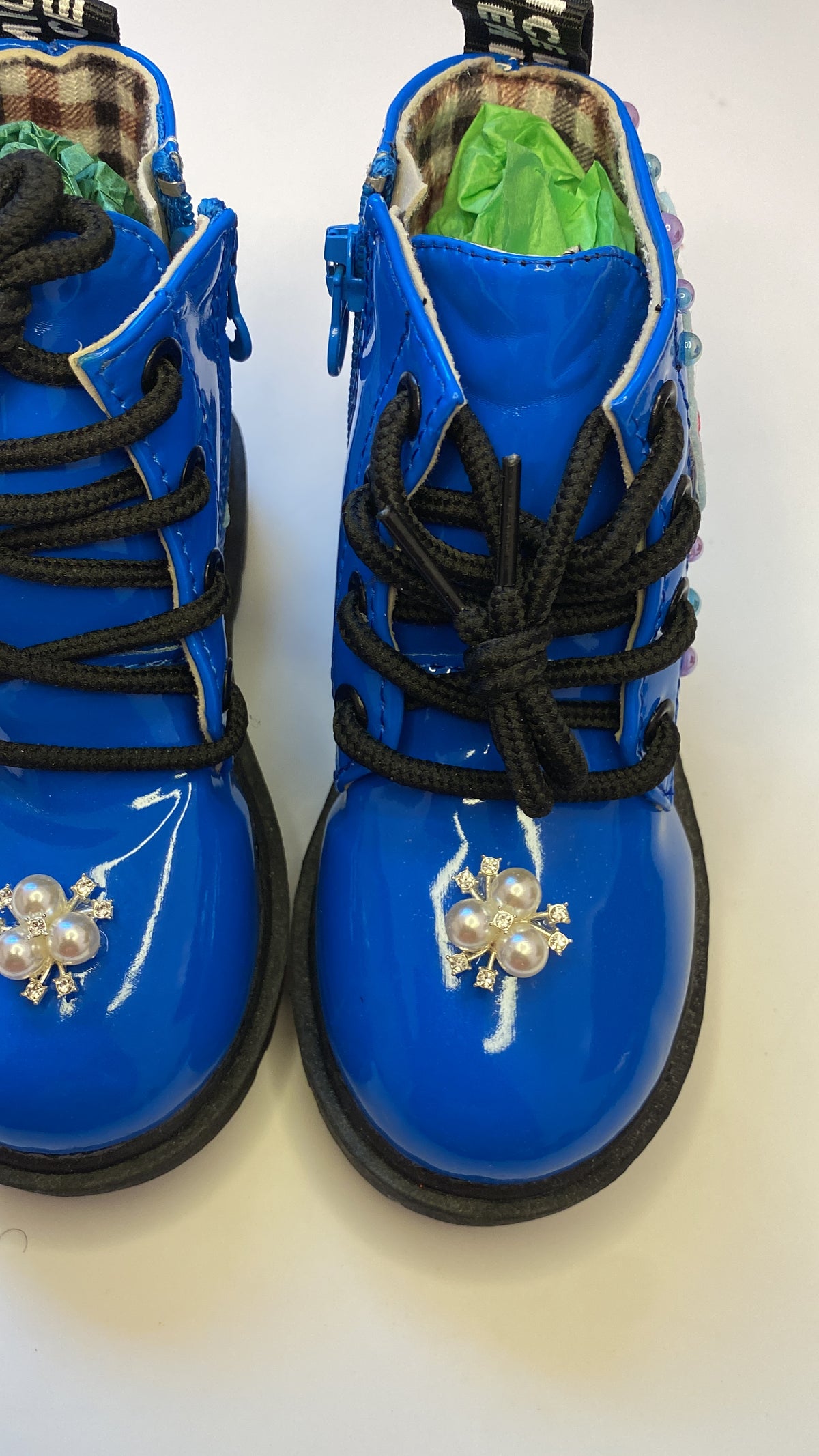 Cupcake Dreams Toddler Boots – Royal Blue Hand Bedazzled with Pearls & Embroidered Patch