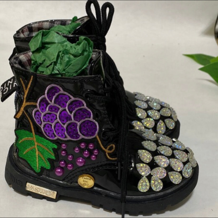 Custom “Grape Cluster Glam” Toddler Boots – Size 8 | Black Patent Rhinestone & Pearl Embellished Boots