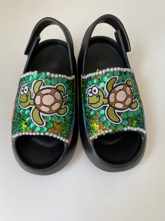 Handcrafted Turtle Rhinestone Slingback Slides