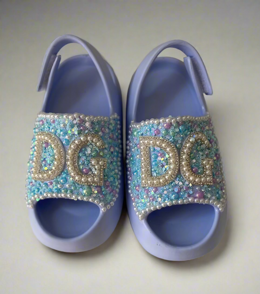Handcrafted DG Blue Pearl Rhinestone Slingback Slides