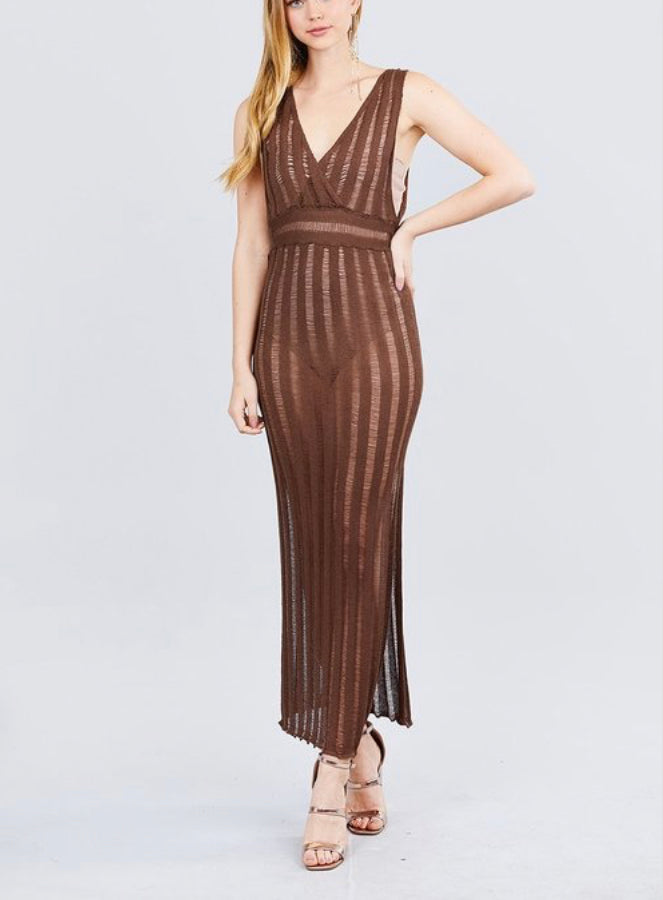 Elegant Mocha Knit Sleeveless Maxi Dress