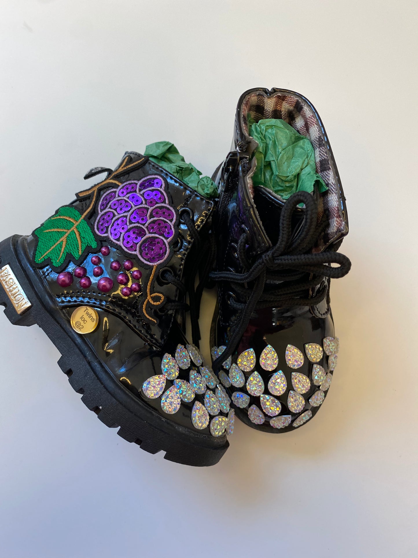 Custom “Grape Cluster Glam” Toddler Boots – Size 8 | Black Patent Rhinestone & Pearl Embellished Boots