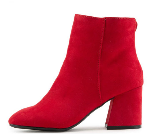 Bold Red Block Heel Ankle Boots – Statement Suede Booties