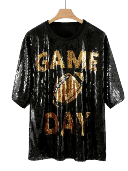 Sequence Black game day dress with gold graphic Design football and lettering