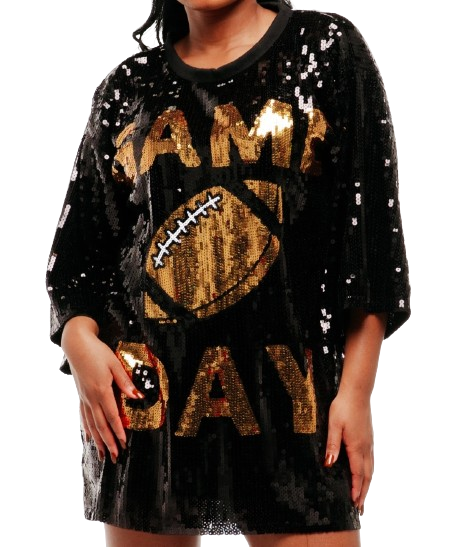 Sequence Black game day dress with gold graphic Design football and lettering Sequence Black game day dress with gold graphic Design football and lettering