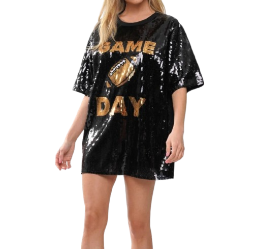 Sequence Black game day dress with gold graphic Design football and lettering
