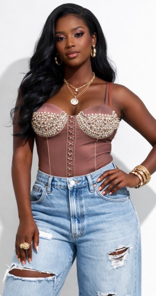 Pearl Luxe Corset Bodysuit – Hand-Embellished Satin Bustier Leotard | Statement Boutique Top