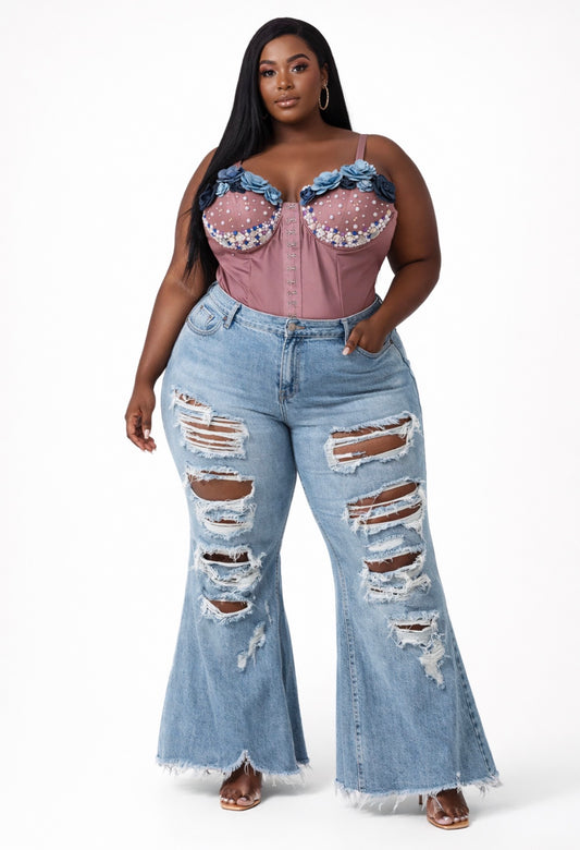 Custom Pearl & Floral Embellished Satin Bodysuit – Luxury Statement Piece (Handcrafted)